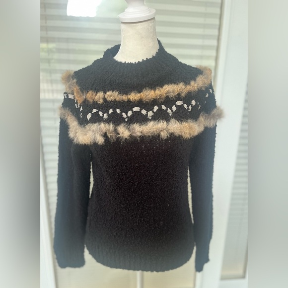 Vintage Skiva black faux fur trim black sweater size small - Picture 4 of 11